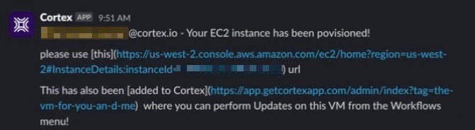 A Slack message confirms the EC2 instance is created.