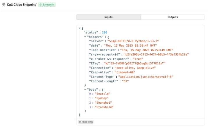 The "call cities endpoint" data appears in the Output of the Workflow.