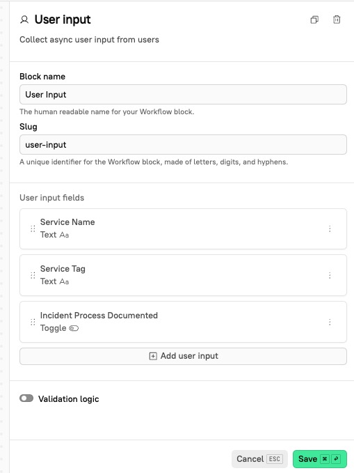 The User input step contains three input fields.